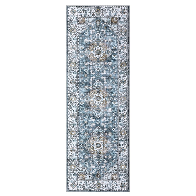 Washable Runner Rug 2x6ft - Vintage Medallion Distressed Non-Slip Low Pile Carpet - Mark Resistant Boho Accent for Entryway, Bedroom, Kitchen, Living Room - Faux Wool, Blue, USA