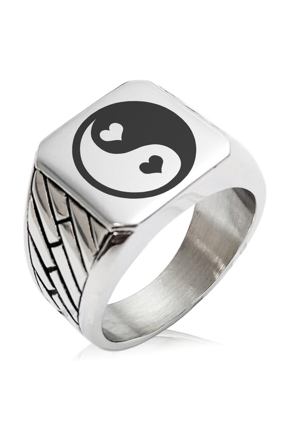 Stainless Steel Love Heart Yin Yang Geometric Pattern Biker Style Polished Ring