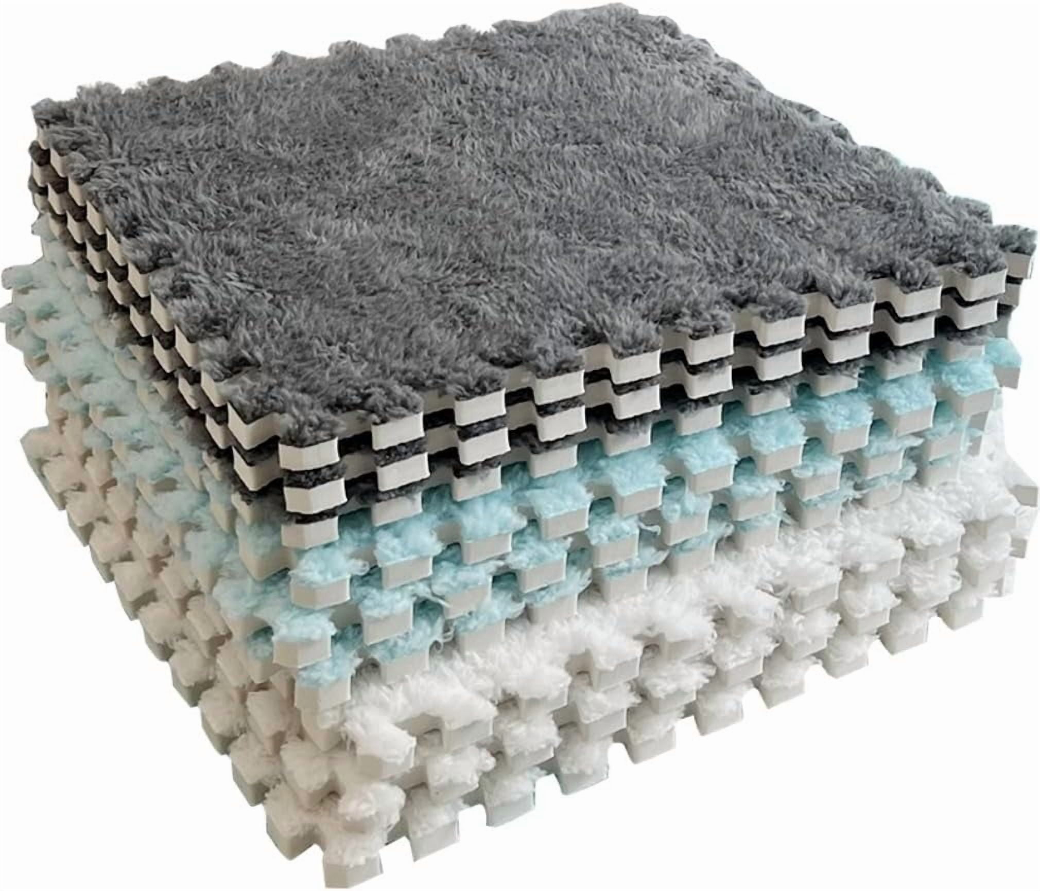 10PCS Fluffy Plush Interlocking Foam Mat Tiles, 12"x12" Thick Padded Playroom Carpet with Border, Play Mat Floor Tiles Thick Padded Squares Foam Tiles for Decor
