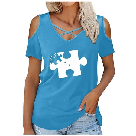 

Blouses for Women Fashion 2023 Women V-Neck Short Sleeve Off Shoulder Sleeve Loose T-Shirt Blouse Pullover Tops Fashion Solid Color Cold Shoulder Maternity Blouses Sky Blue L