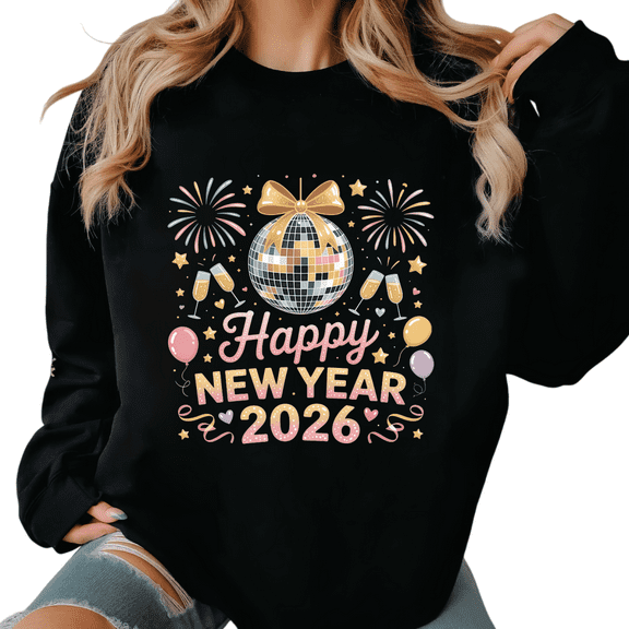 Women's 2026 New Year Disco Ball Fireworks Happy Theme Graphic Tee T Shirt Top Round-neck long-sleeved Black S-3XL