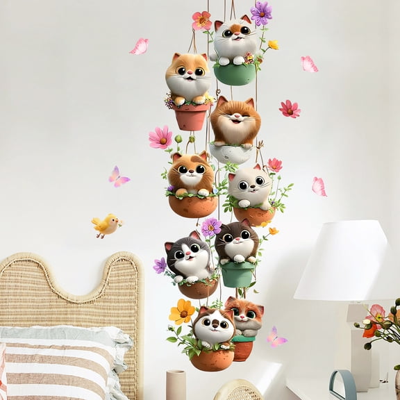 Cat Wall Decals Hanging Potted Wall Stickers Flower Butterfly Peel and Stick for Bedroom Living Room Decor 28x16 Inch