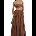 thumbnail image 3 of Conjunto de 2 Piezas para Mujer, Sin Mangas, con Tirantes, Corte A, Falda Maxi, Informal, Plisada, Estilo , Estilo Bohemio, con Bolsillo. Marrón S, 3 of 9