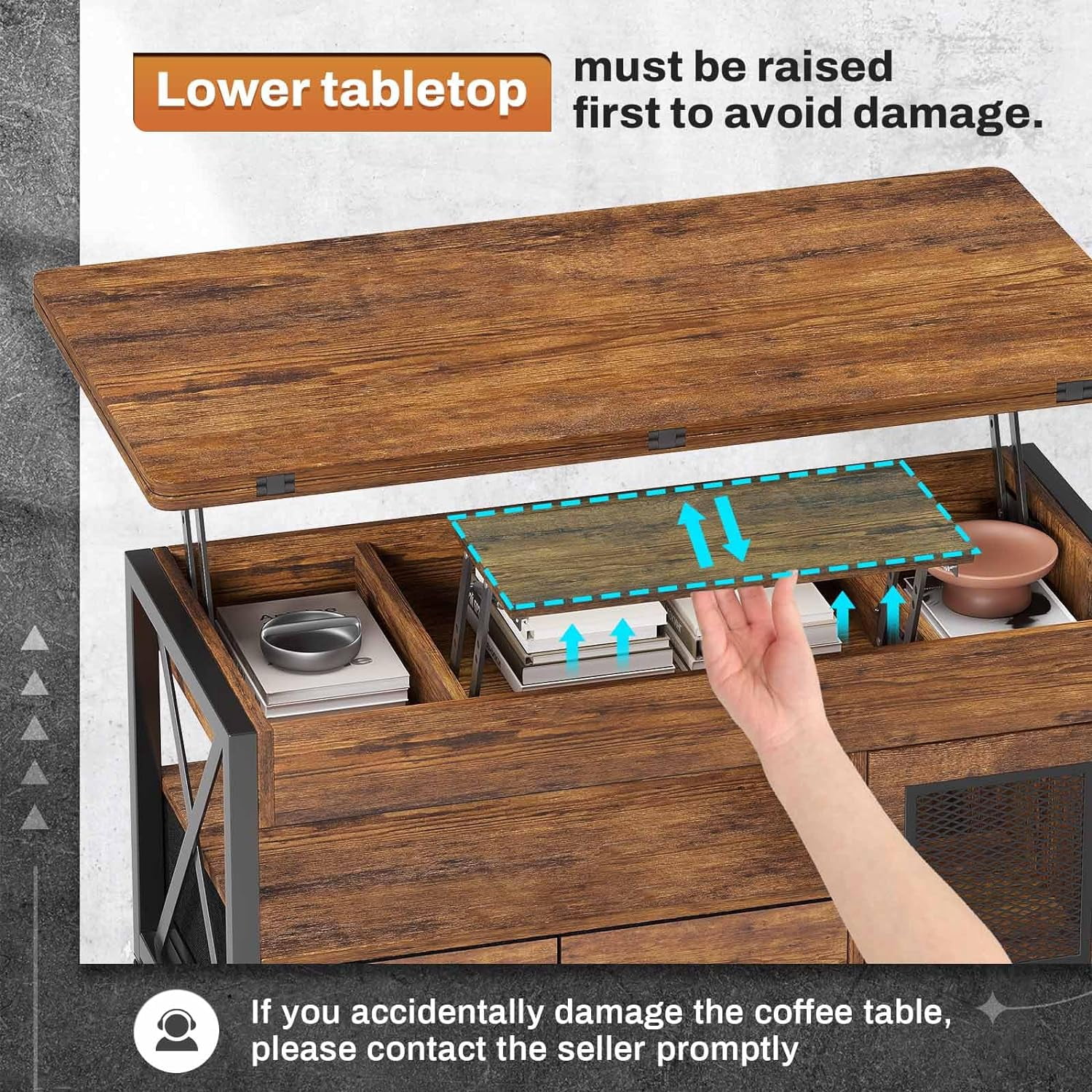 40" Lift Top Coffee Table, 4 in 1 Coffee Tables with Storage Cabinet for Living Room, Small Farmhouse Coffee Table with 2 Fabric Drawers & LED Light for Dining Room, Rustic Brown