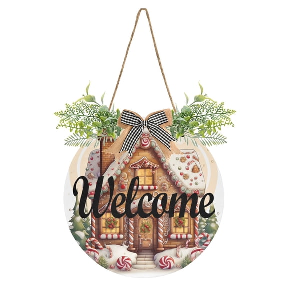 Gingerbread House Cookies Trees Welcome Sign for Front Door Wreath Door Sign for Farmhouse Porch Decoration Indoor Outdoor