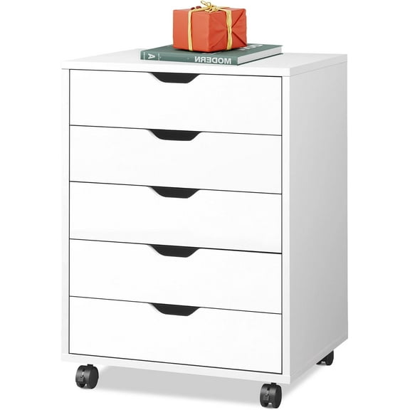 5-Drawer Chest, Wood Storage file Cabinet with Wheels, White