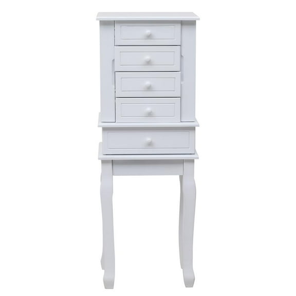 SalonMore Wooden Standing Jewelry Armoire Cabinet with Mirror, 5 Drawers ,14 Necklace Hooks (White)