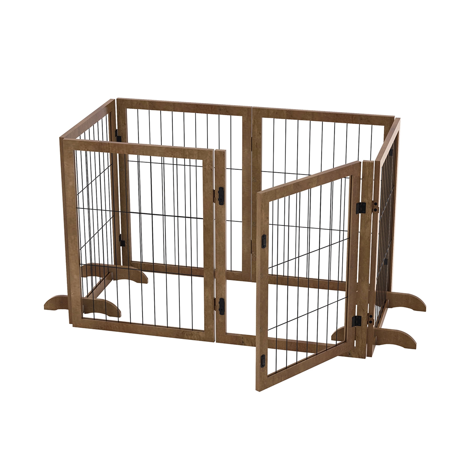 Pefilos 144" Wide Folding Pet Gate, 32" Tall No-Assembly Wood Dog Gate with Door Walk Through, Freestanding Wire Pet Gate, Pet Puppy Safety Fence, Brown Pefilos 144" Wide Folding Pet Gate, 32" Tall No-Assembly Wood Dog Gate with Door Walk Through, Freestanding Wire Pet Gate, Pet Puppy Safety Fence, Brown