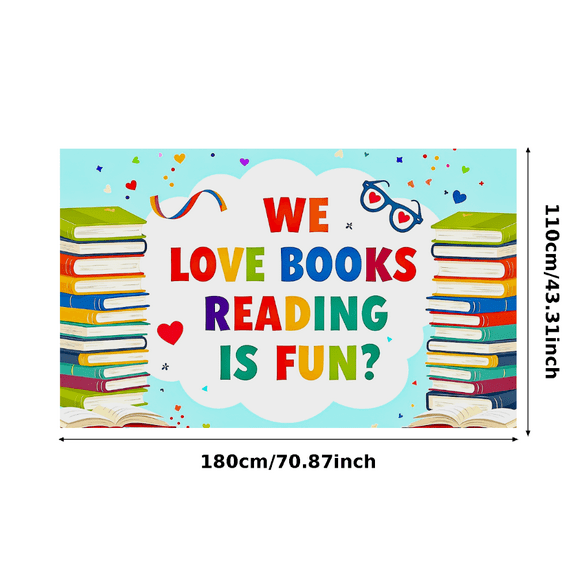 Colorful Book Themed Banner with Stacked Books Heart Shaped Sunglasses Stars for Book Lovers Reading Events Book Fairs School Libraries Classroom Decorations Party Backdrops