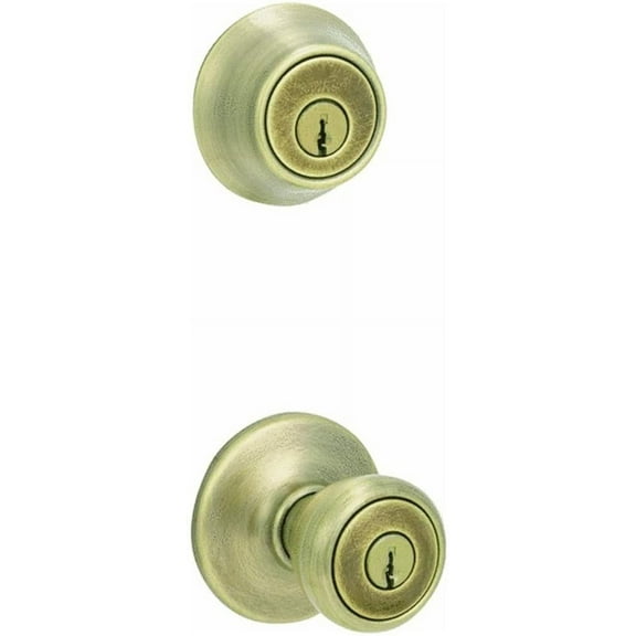 Kwikset 96900-254 Antique Brass Entry Knob & Single Cylinder Deadbolt Pack