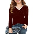 thumbnail image 4 of Piuwrlz Kids Long Sleeve Shirts Girls T-Shirts Printed Solid Color V-neck V-neck T Shirt Tops Wine Size 9 Years, 4 of 8
