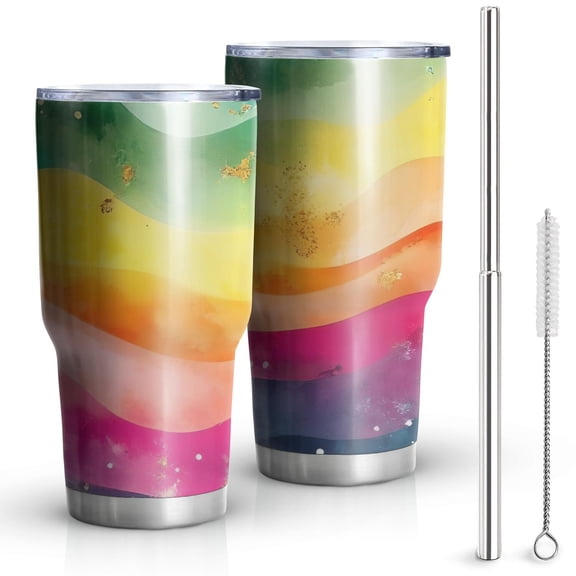 30oz Colorful Tie Dye Wave Pattern Tumblers Stainless Steel Tumbler with Lid and Straw,Vacuum Insulated Double Wall Travel Tumbler Cups Mug with Cleaning Brush for Coffee,Tea