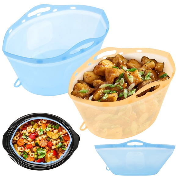 Vensio 2Pcs Reusable Silicone Slow Cooker Liners Fit 6-10 Quart Crock Pots Heat Resistant Splash Proof Divider Insert Orange Blue