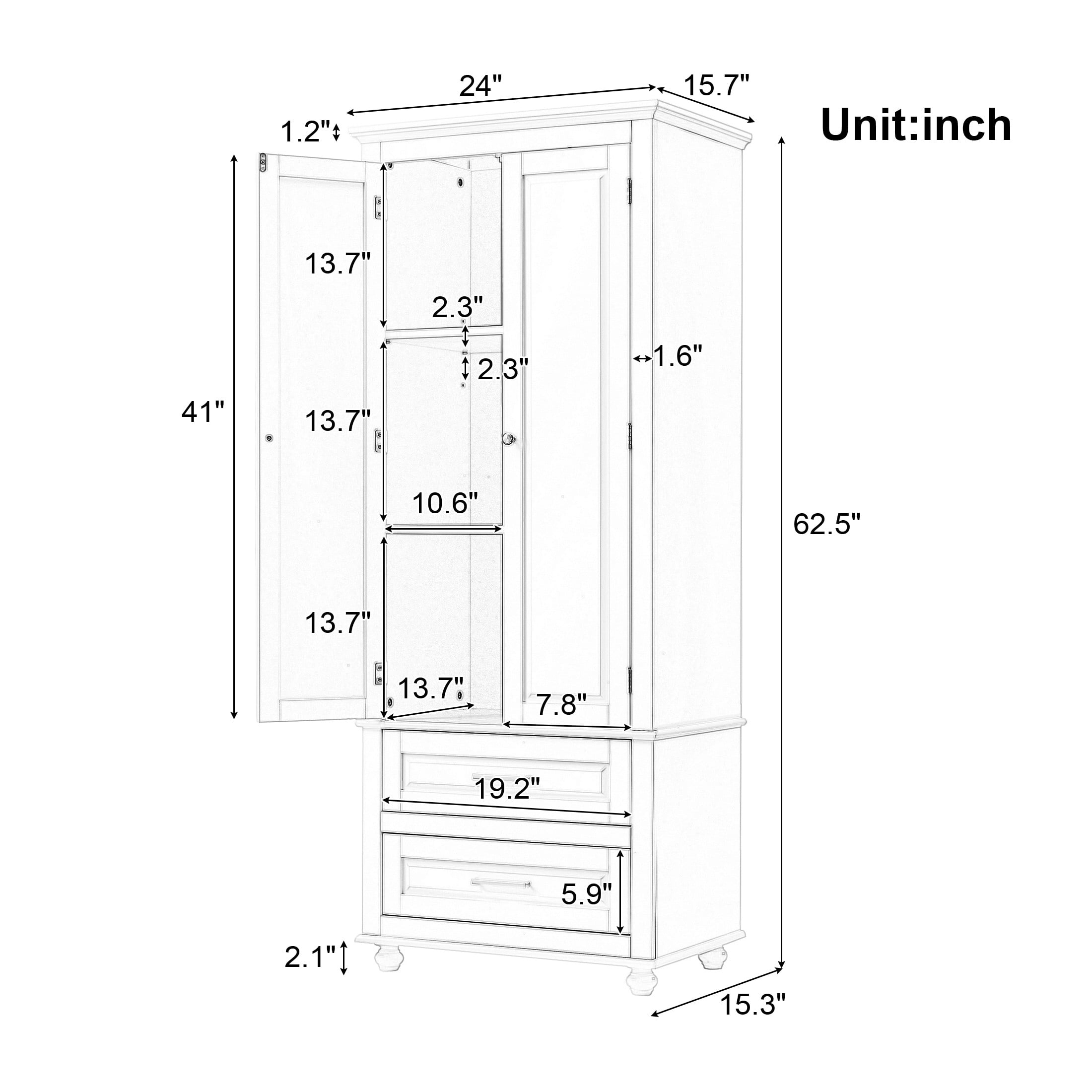 Torsi Modern Double Door Storage Cabinet with Drawers and Adjustable Shelves, White
