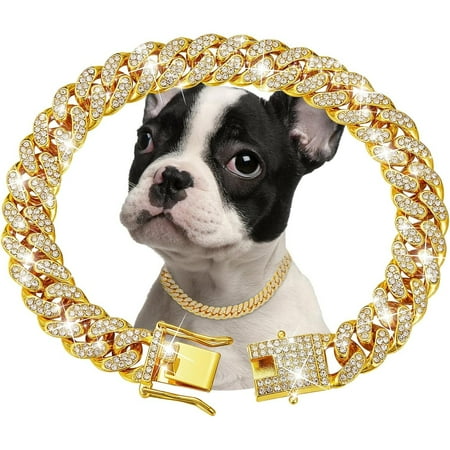 Gold Dog Chain Collar Diamond Cuban Link Dog Collar 13mm Wide Dog Necklace Metal Cat Chain Pet Crystal Collar Jewelry Accessories for Small Medium Large Dogs Cats