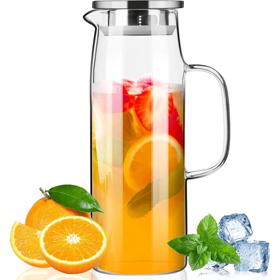 Ratrabas 50oz/1.5L Glass Pitcher, High Borosilicate Glass with Lid & Spout, Hot/Cold, Fridge Shelf Safe, Easy Clean for Lemonade, Juice, Milk