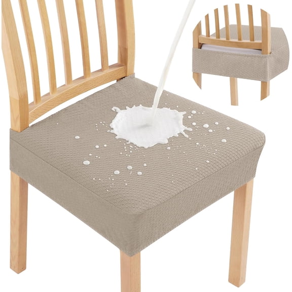 MORAVE Set of 4 Taupe Waterproof Stretch Jacquard Dining Chair Seat Covers, Removable Washable No Rear Slipcovers Protector