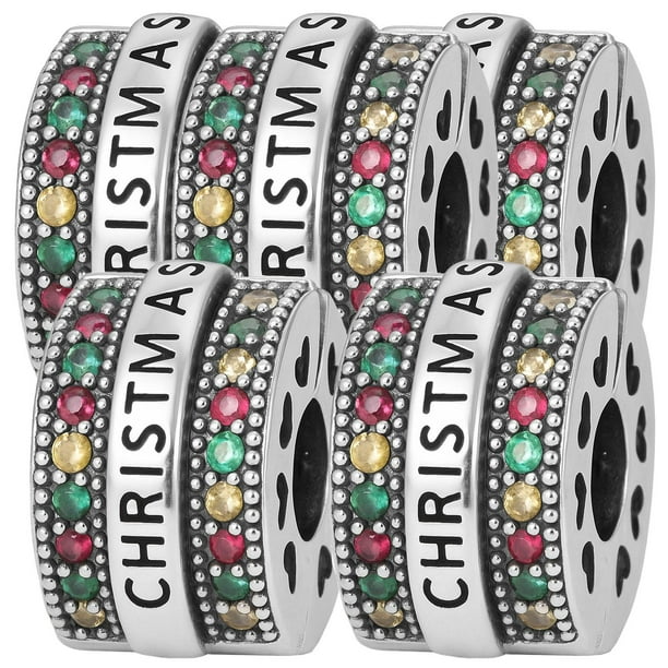 Charm con inscripción Xmas01 5Pzas Plata S925 Chapa Separador Clip Christmas Plata/Multicolor Caja Blanca 4x4cm.