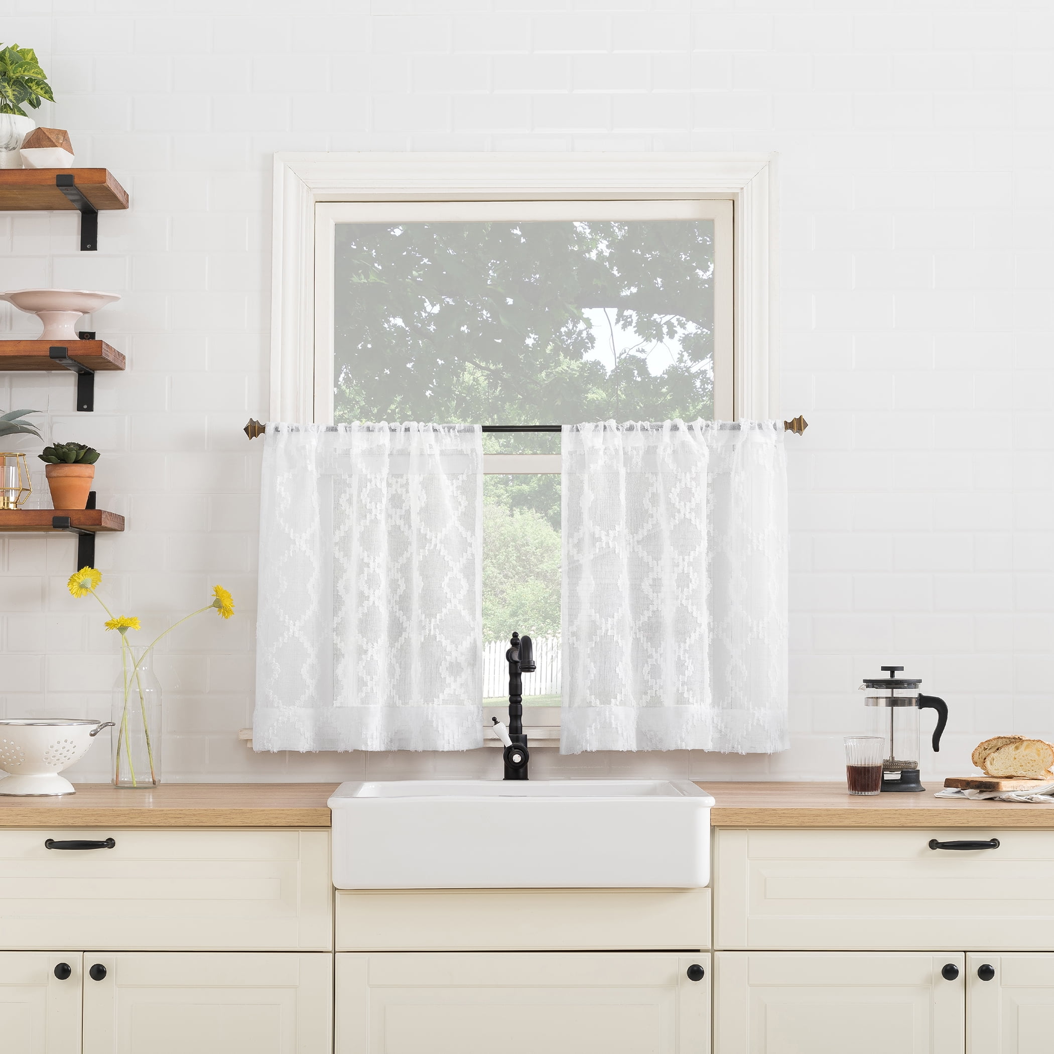 No. 918 Tina Geometric Clipped Semi-Sheer Rod Pocket Kitchen Curtains, 54"x36"