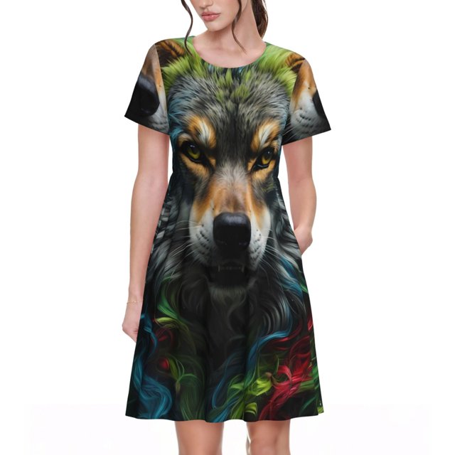 Disketp Realistic Style Colorful Wolf para Vestido de Manga Corta para Mujeres, Vestidos de Verano para Mujeres, Casual y Holgado para la Playa