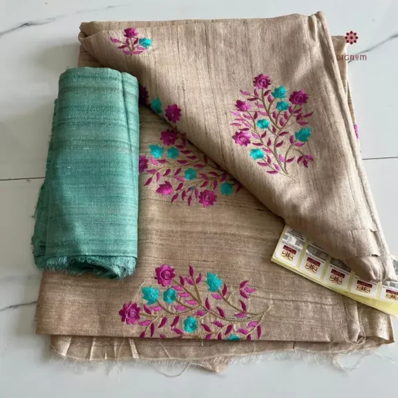 Alabaster Cream Tussar Ghicha Silk Embroidery Saree