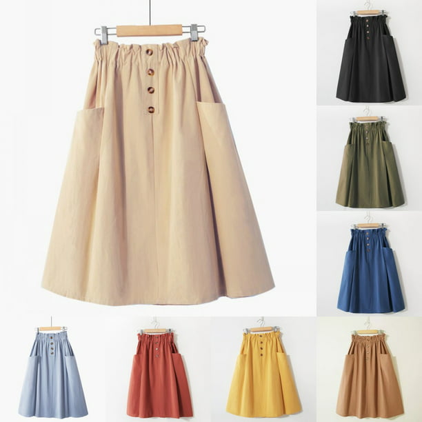 Women Vintage High Waist A-Line Midi Skirt Solid Button Skirts with ...