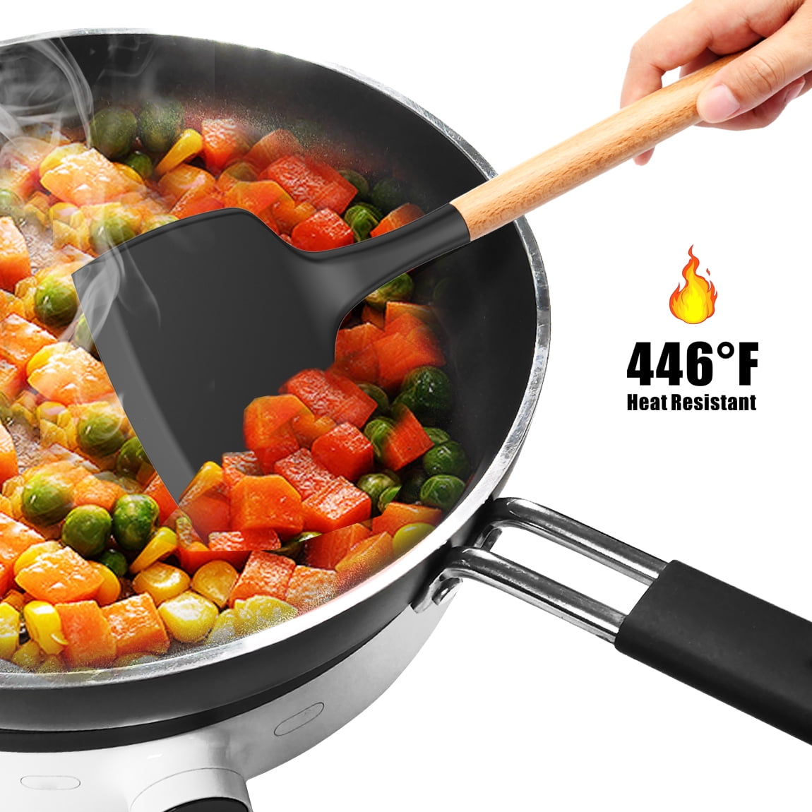 oannao Silicone Cooking Utensils Set - 446°F Heat Resistant Silicone Kitchen Utensils for Cooking,Kitchen Utensil Spatula Set w Wooden Handles,Holder, BPA FREE Gadgets for Non-Stick Cookware (Grey)