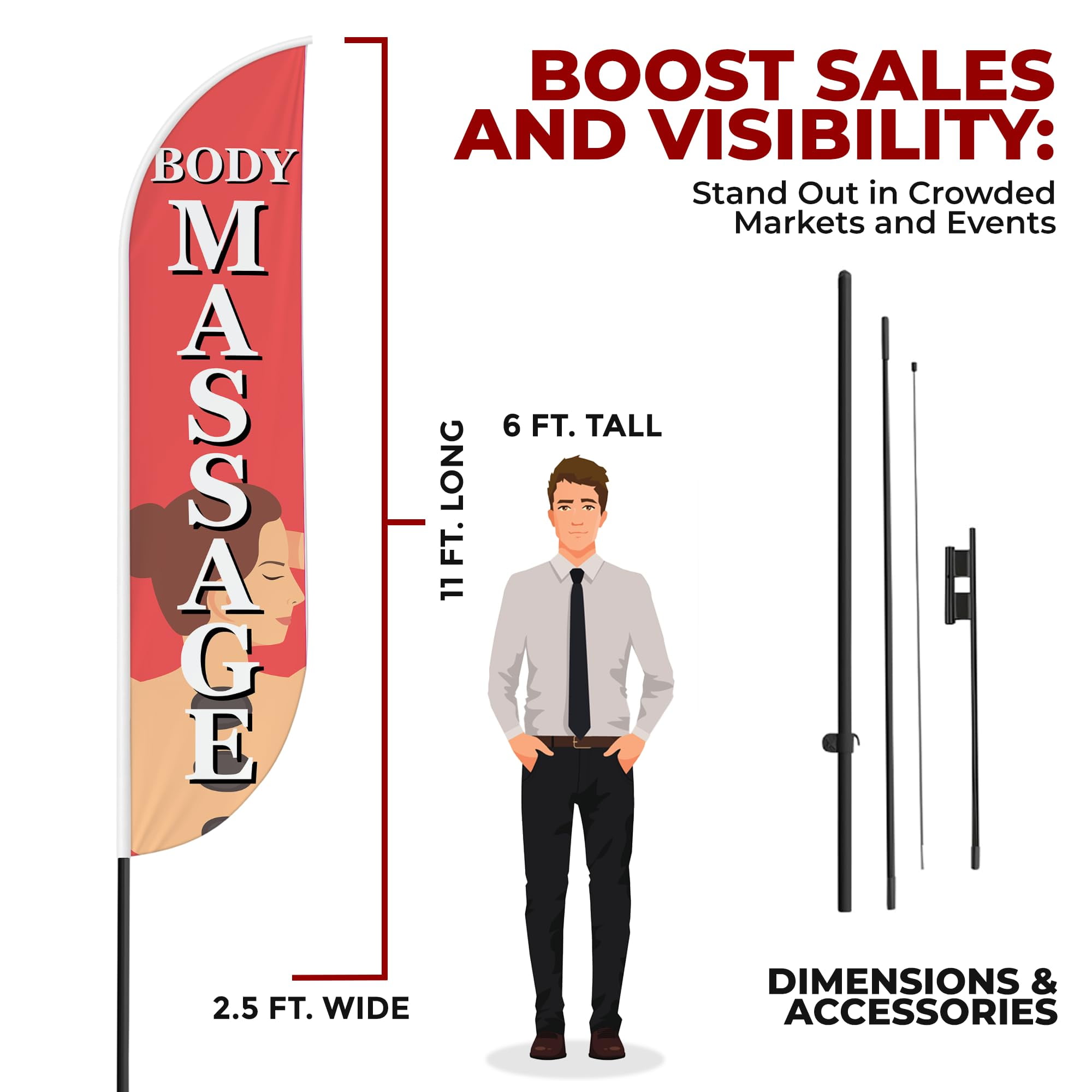 Body Massage Sign feather flag Pole Mount for Outdoor by Mavis Print | 15 FEET Long Polyester Outdoor Banner Flag with Pole Kit for Easy Hang | HD Print Swooper Flag Pole Mount for Salon Advertisi