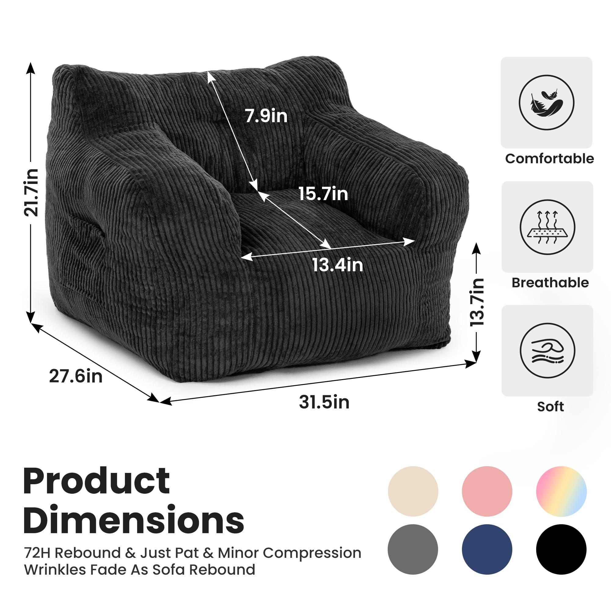 Foam Filled Bean Bag Chair, Plush Corduroy Lazy Sofa