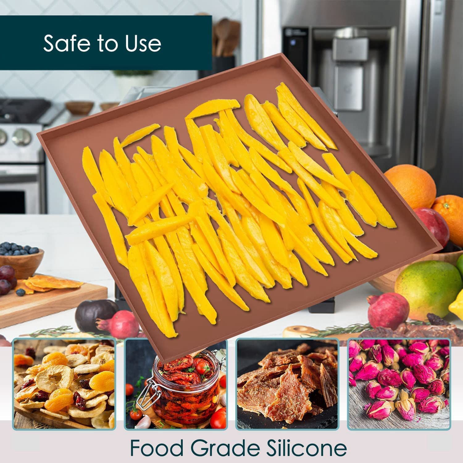 Lot De 6 Feuilles De Déshydrateur En Silicone - Plateaux Antiadhésifs Avec Bords, Pour Fruits, Viande, Légumes - 7