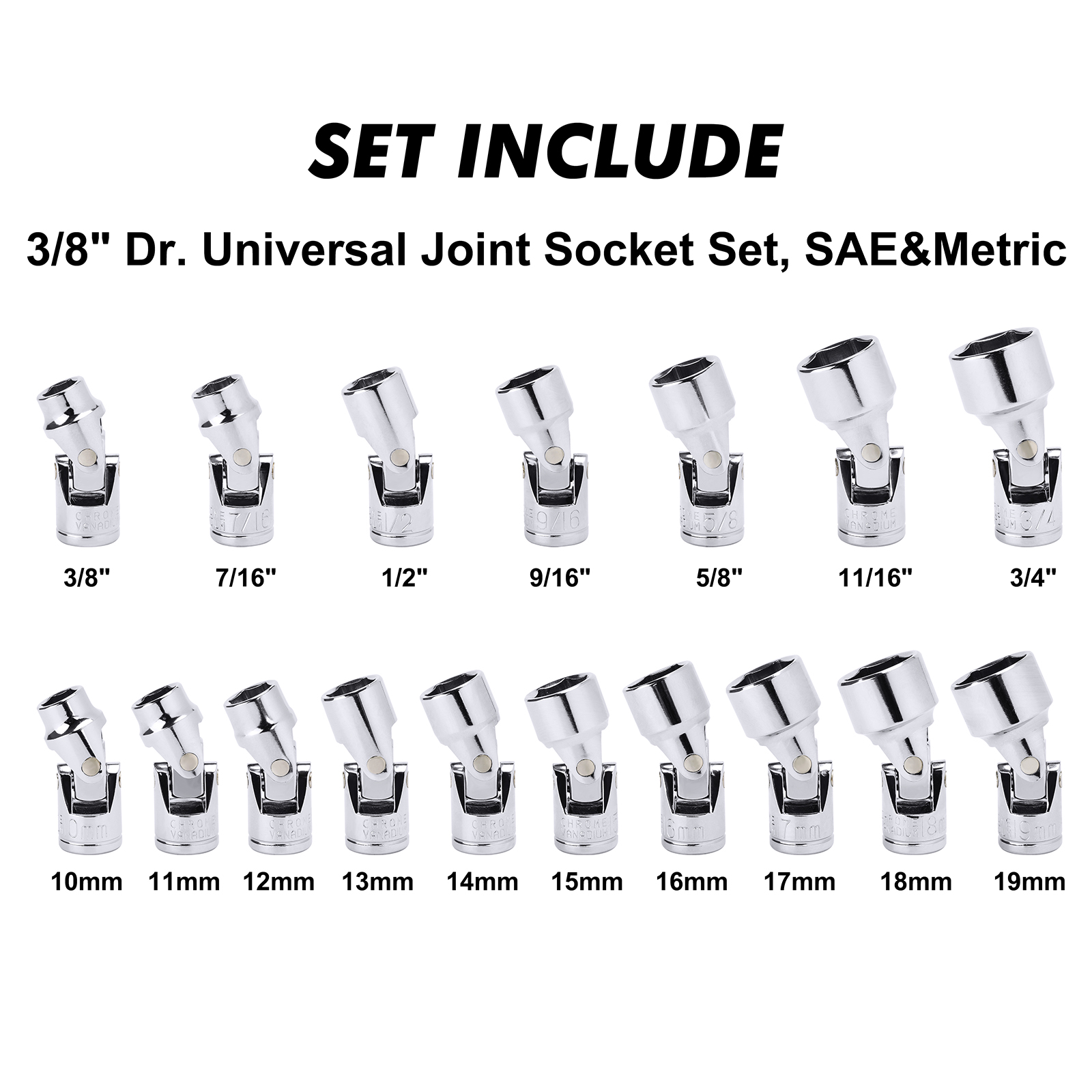 17-Piece 3/8-Inch Drive Universal Joint Socket Set, Swivel Socket Set, 6-Point, SAE (3/8" to 3/4") and Metric (10mm to 19mm), CR-V, Universal Flex Socket for Easier Access to Tight Spaces