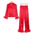 thumbnail image 3 of Vertical Stripes Women Long Sleeves Dress for Sleeping Women Pajamas Set Heart Print Satin Trim Long Sleeve Shirt Pants Set Pajama Sets, 3 of 5