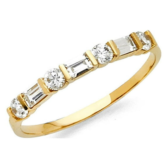 CZ Wedding Band 14k Yellow Gold Anniversary Round & Baguette CZ Ring Bridal Band Channel Stones, Size 7