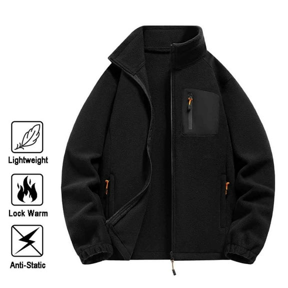 Goodtrade8 Big Mens Jackets Zip up Casual Fleece Jackets Outdoor Black Pocket Plain Stand Collar Coats for Men
