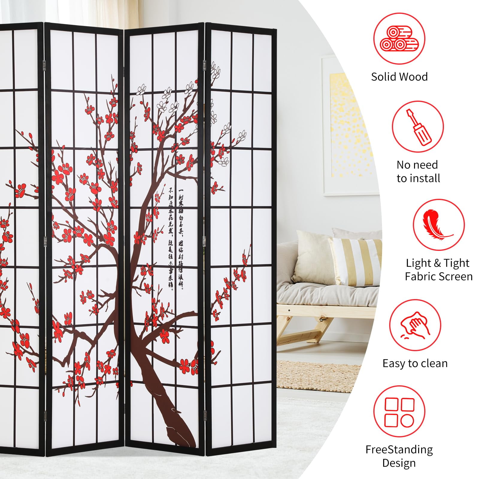 Room Divider 4 Panel Folding Privacy Screen 6Ft Room Partition Shoji Wall Divider Screen Portable Wood Divider for Office, Bedroom, Restaurant, Freestanding