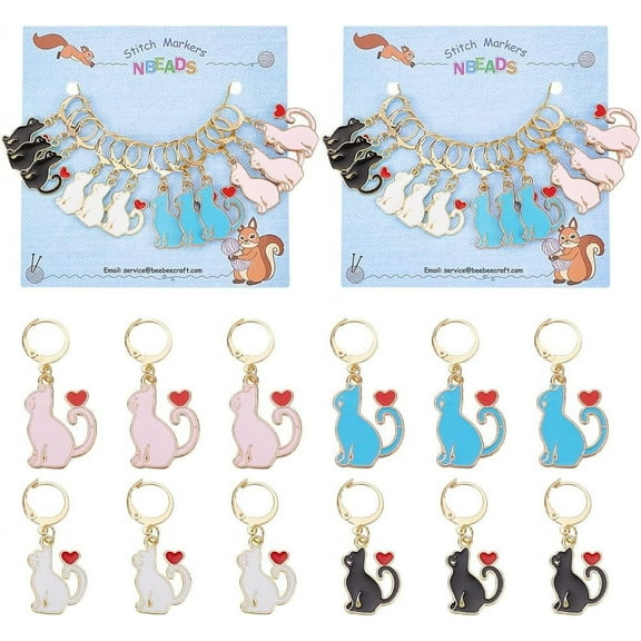2 Set 24 Pcs Cat Stitch Markers Alloy Enamel Kitten Crochet Stitch Marker Charms Removable Dangle Locking Stitch Marker for Knitting Weaving Sewing Accessories Quilting Jewelry Making