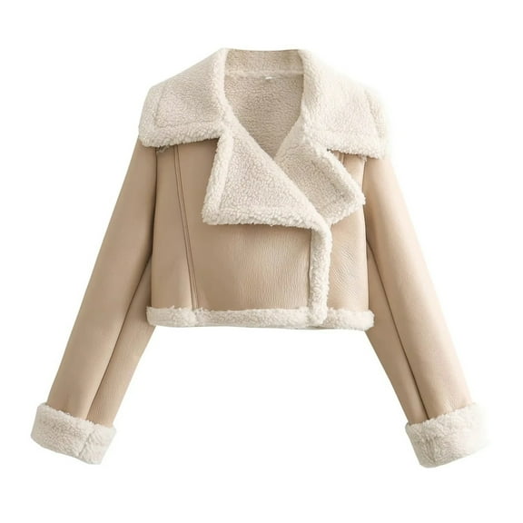 WTOBBY Women's Cropped Jacket with Lapel Collar and Plush Lining, Winter Warm Outerwear with Pocket, Short Length Design,Beige L