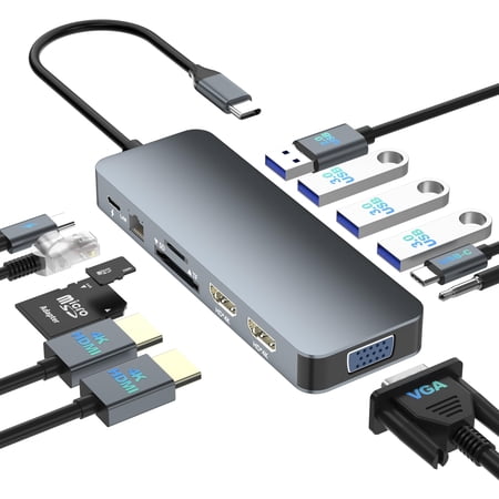 panningbo 13 in 1 USB C Docking Station Dual HDMI for Dell HP Lenovo Surface, Triple Display Adapter Hub with HDMI VGA USB 3.0 100W PD Ethernet SD TF Audio