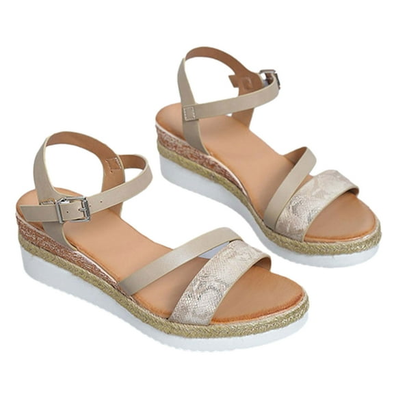 Anuirheih Women's Wedge Heels Sandals, Leather Open Toe Buckle Ankle Strap Summer Thick Soled Shoes, Gifts for Women Wife Girlfriend Mom(Beige)