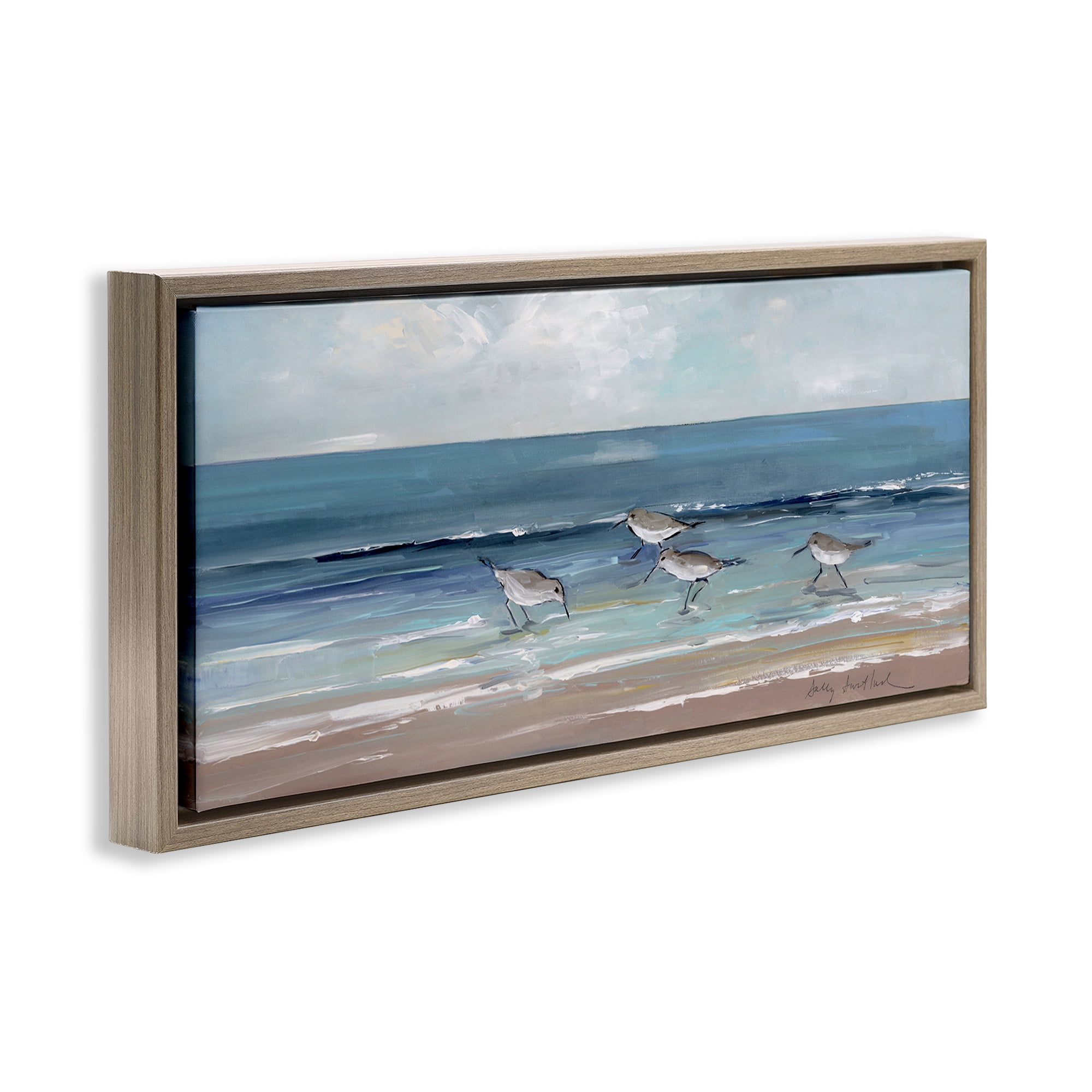 Stupell Industries Sandpipers with Cloudy Sky Nature Painting Brown Floater Framed Canvas Art Print Wall Art, 25 x 11
