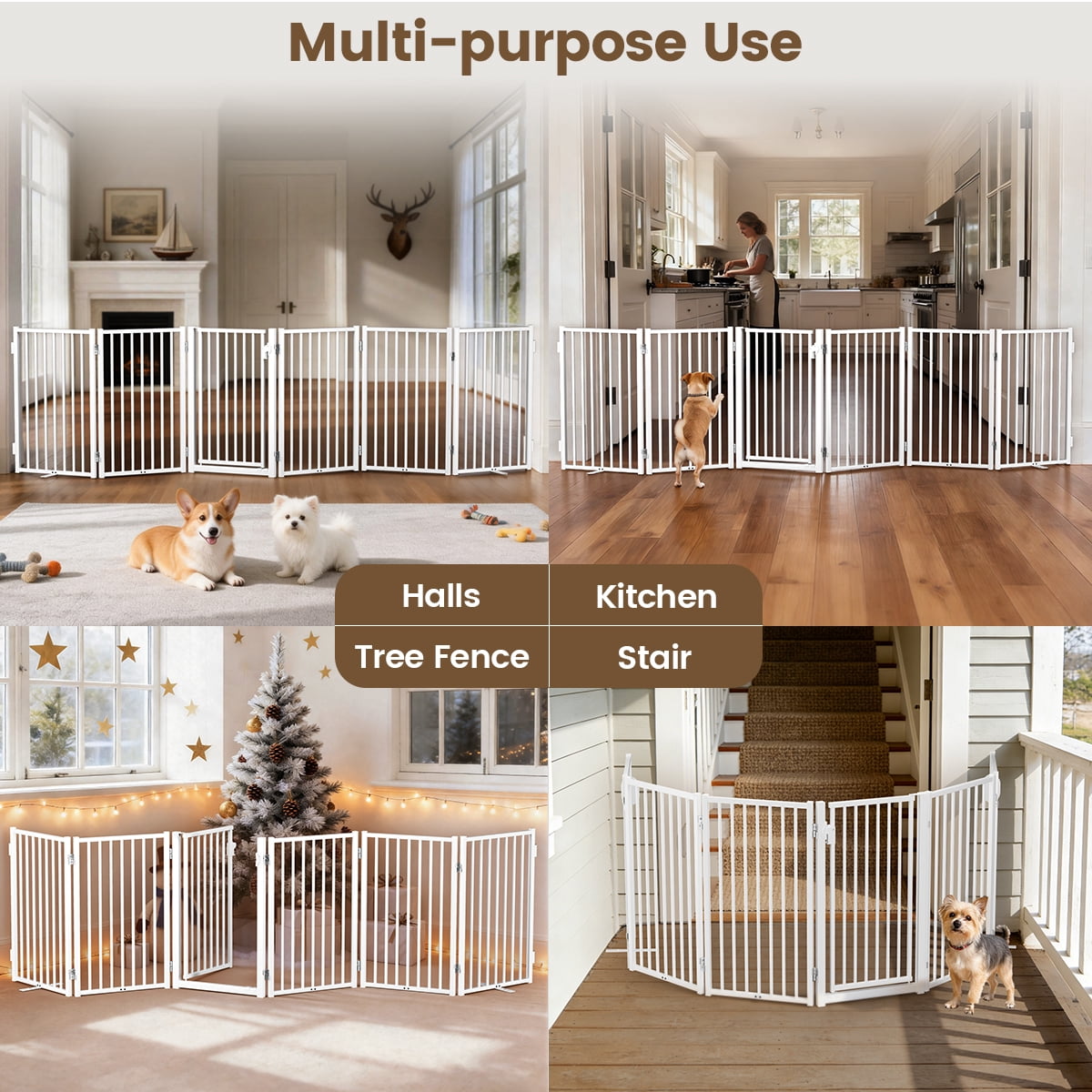 Pet Gate, Domipet 120''Extra Wide Foldable Dog Fence Indoor, 32''Height Dog Gate for Fireplace, Garden, White