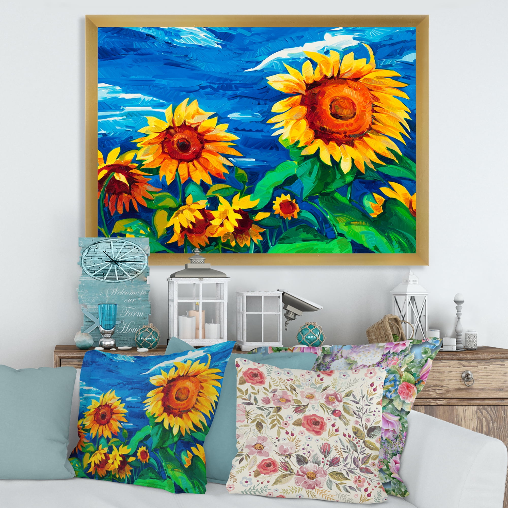 Designart 'Sunflowers Field Under A Bright Blue Sky' Traditional Framed Art Print
