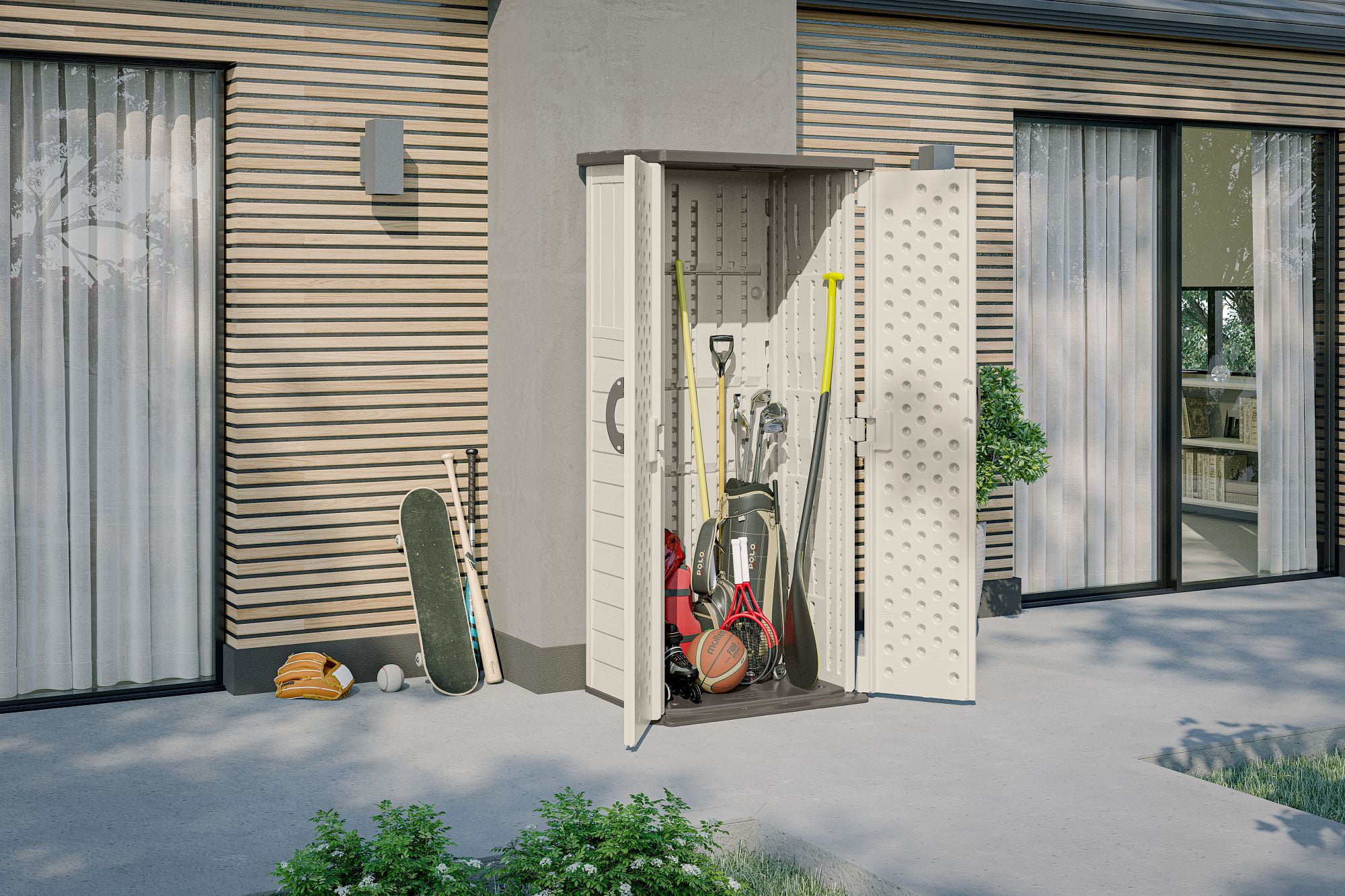 Suncast 22 cu. ft. Weather-Resistant Resin Vertical Outdoor Storage Shed, Light Taupe
