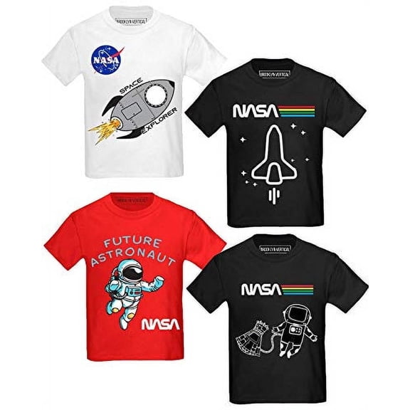 BROOKLYN VERTICAL 4-Pack Toddler NASA Print Outer Space Rocket Ship Short Sleeve T-Shirt | Soft Cotton Sizes 2T-4T