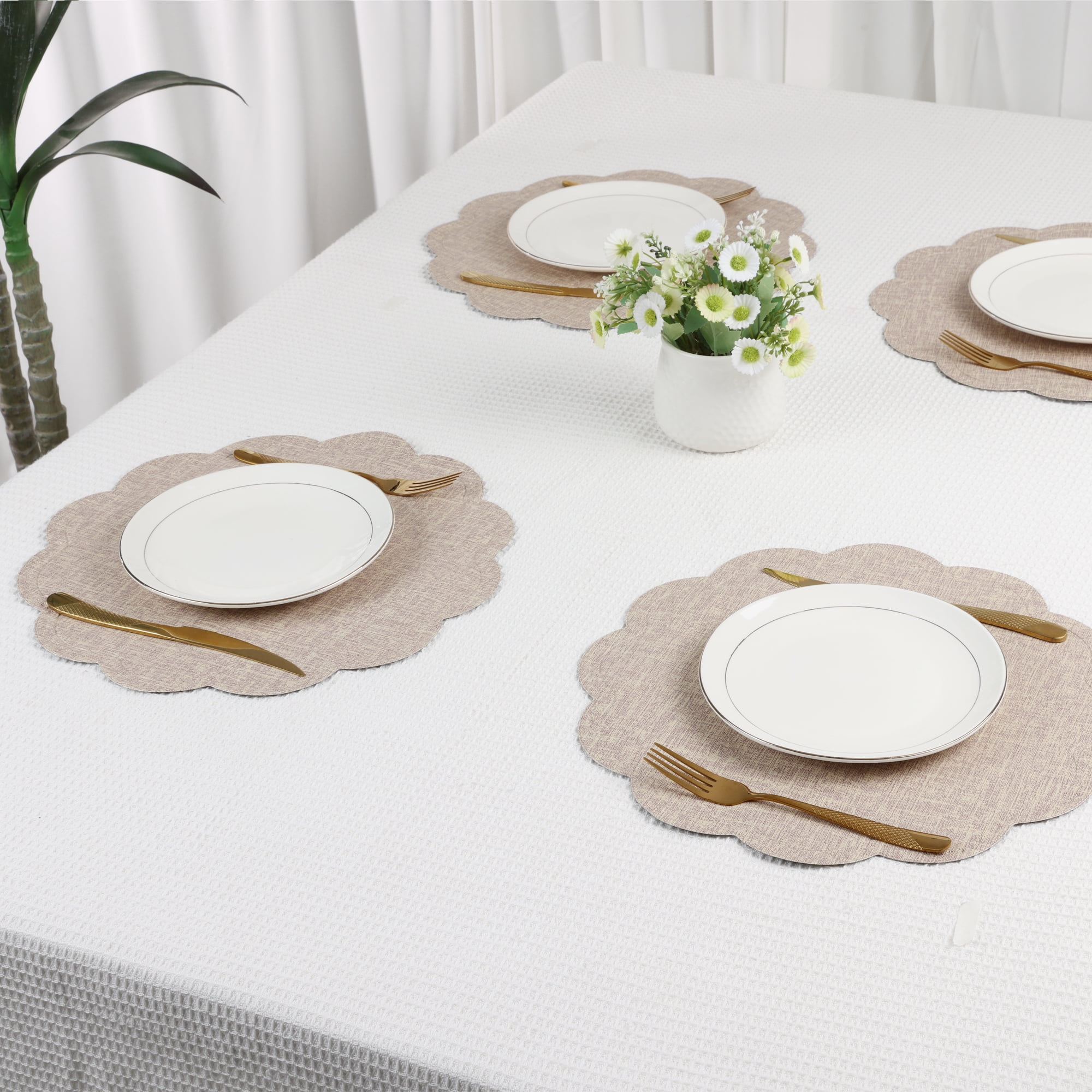 Unique Bargains Set of 6 Flower Placemats for Kitchen Beige 15*15in