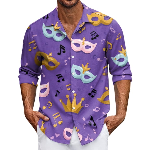 LNZGNM Mardi Gras Dress Shirts Lapel Mask Printed Button Up Shirts Big and Tall Long Sleeve T-Shirt Fashion Mardi Gras Top,Light Purple 2XL