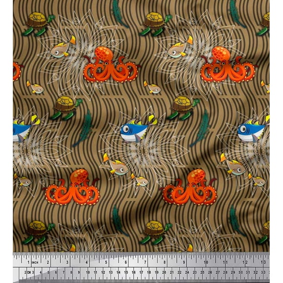 Soimoi Satin Silk Fabric Turtle,Fish & Octopus Ocean Decor Fabric Printed Yard 42 Inch Wide