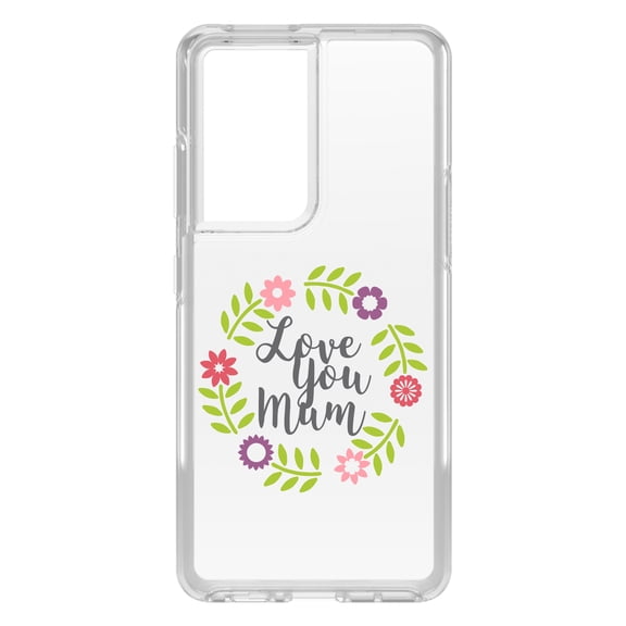 DistinctInk Clear Shockproof Hybrid Case for Galaxy S21 ULTRA 5G (6.8" Screen) - TPU Bumper Acrylic Back Tempered Glass Screen Protector - Love You Mum - Floral Border
