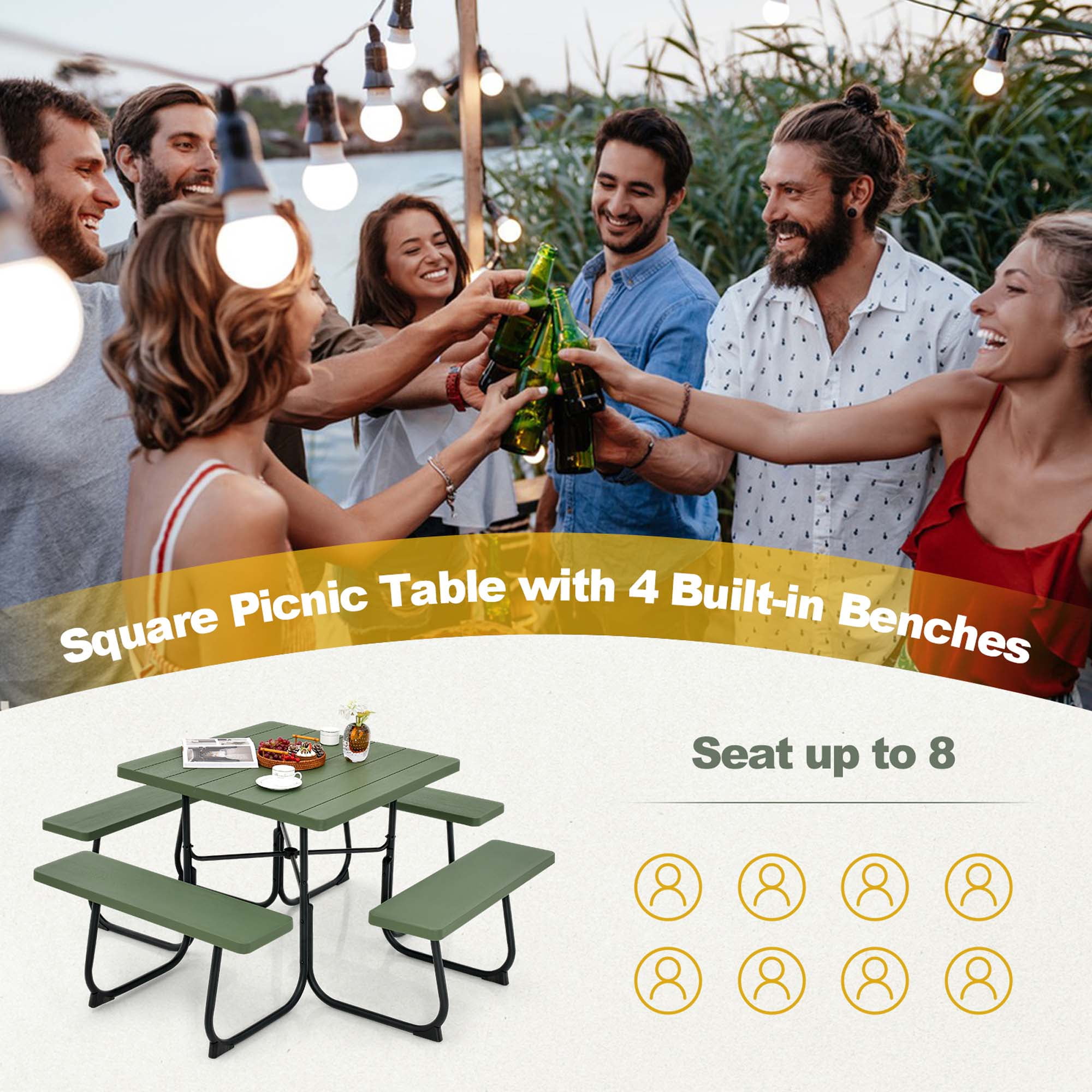 Costway Outdoor 8 person Square Picnic Table Bench Set with 4 Benches Umbrella Hole Black