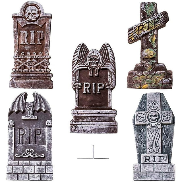 Lápidas de cementerio RIP de espuma de 17 pulgadas (paquete de 5), decoraciones de lápidas y 12 estacas de metal adicionales para decoraciones de jardín Xemadio WRQX-531